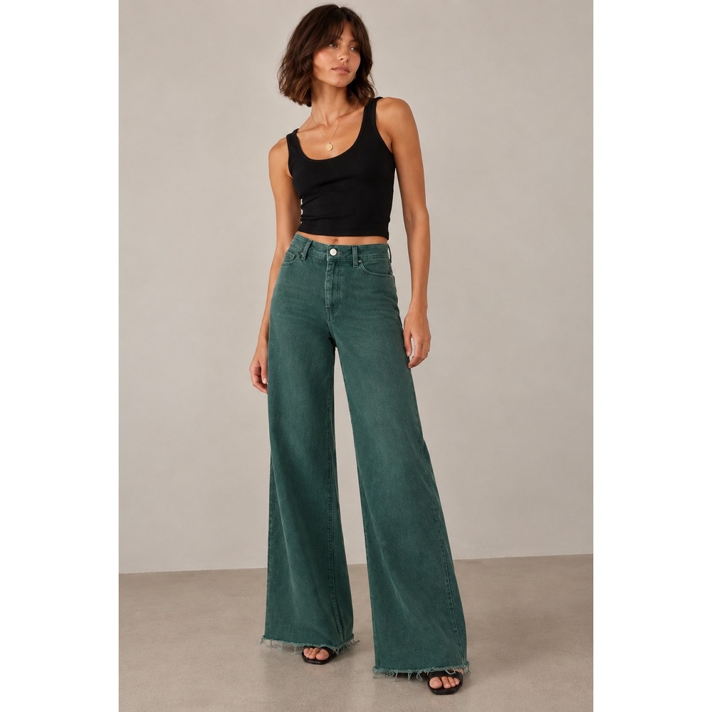 Zara Pants The Marine Straight Size 0 Green Cotton Wide Leg High Rise Raw Hem